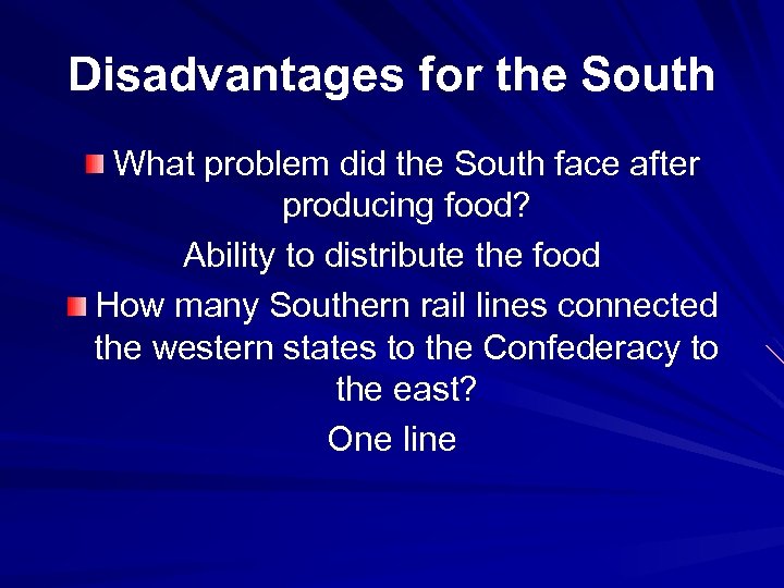 Disadvantages for the South What problem did the South face after producing food? Ability