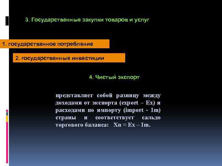 3. Государственные закупки товаров и услуг 1. государственное потребление 2. государственные инвестиции 4. Чистый