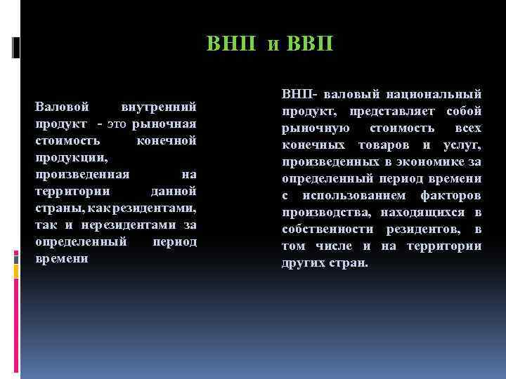 ВНП и ВВП Валовой внутренний продукт - это рыночная стоимость конечной продукции, произведенная на