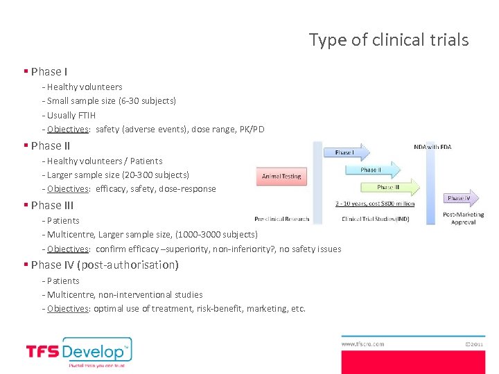 Type of clinical trials § Phase I - Healthy volunteers - Small sample size