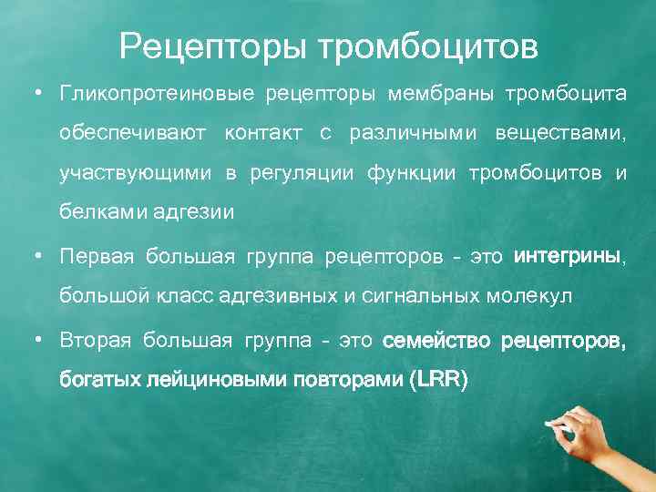 Рецепторы тромбоцитов • Гликопротеиновые рецепторы мембраны тромбоцита обеспечивают контакт с различными веществами, участвующими в