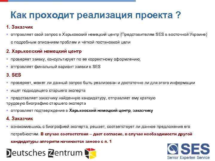 Как проходит реализация проекта ? 1. Заказчик § отправляет свой запрос в Харьковский немецкий