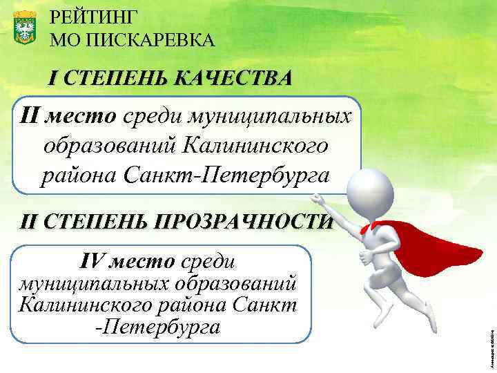 РЕЙТИНГ МО ПИСКАРЕВКА I СТЕПЕНЬ КАЧЕСТВА II место среди муниципальных образований Калининского района Санкт-Петербурга