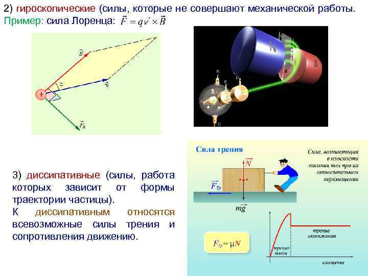 2) гироскопические (силы, которые не совершают механической работы. Пример: сила Лоренца: 3) диссипативные (силы,