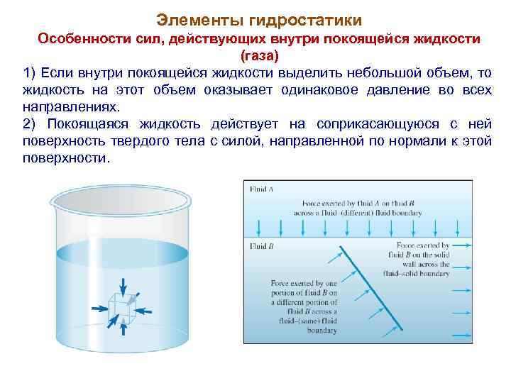 Элементы гидростатики Особенности сил, действующих внутри покоящейся жидкости (газа) 1) Если внутри покоящейся жидкости