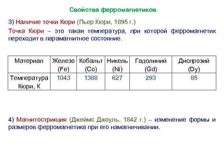 Свойства ферромагнетиков 3) Наличие точки Кюри (Пьер Кюри, 1895 г. ) Точка Кюри –