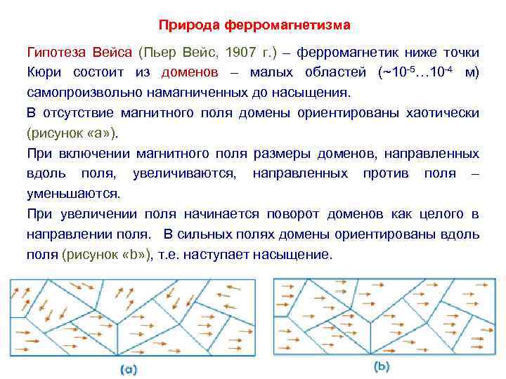 Природа ферромагнетизма Гипотеза Вейса (Пьер Вейс, 1907 г. ) – ферромагнетик ниже точки Кюри