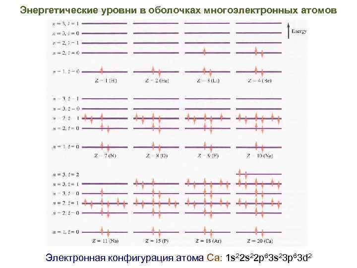 Энергетические уровни в оболочках многоэлектронных атомов Электронная конфигурация атома Ca: 1 s 22 p