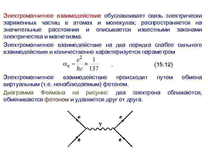 Электромагнитное взаимодействие обуславливает связь электрически заряженных частиц в атомах и молекулах; распространяется на значительные