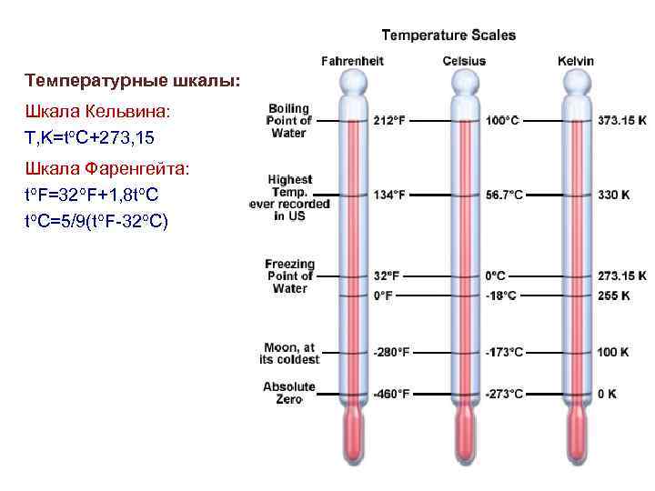 Температурные шкалы: Шкала Кельвина: T, K=t C+273, 15 Шкала Фаренгейта: t F=32 F+1, 8