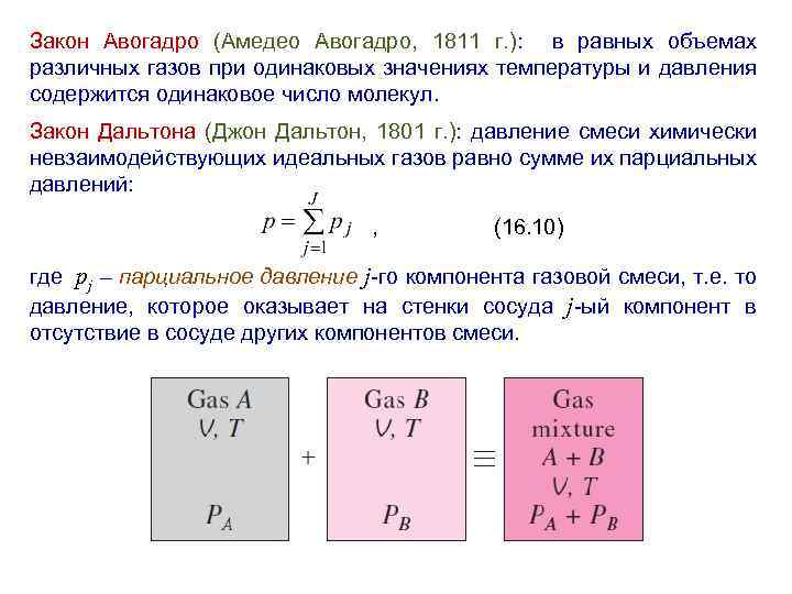 Закон Авогадро (Амедео Авогадро, 1811 г. ): в равных объемах различных газов при одинаковых