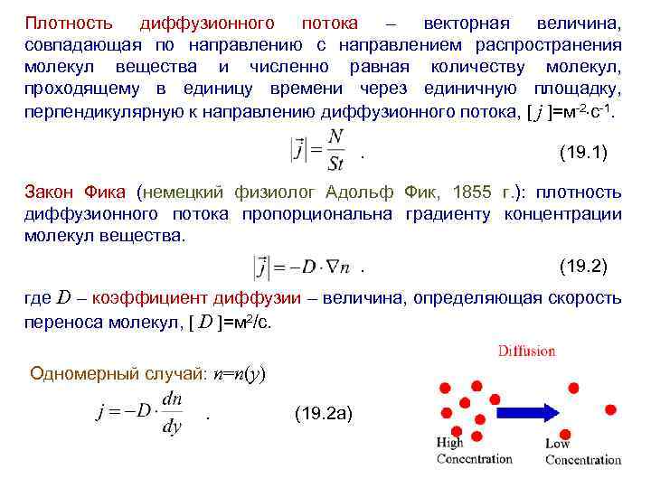 Плотность диффузионного потока – векторная величина, совпадающая по направлению с направлением распространения молекул вещества