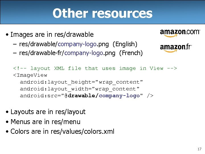 Other resources • Images are in res/drawable – res/drawable/company-logo. png (English) – res/drawable-fr/company-logo. png