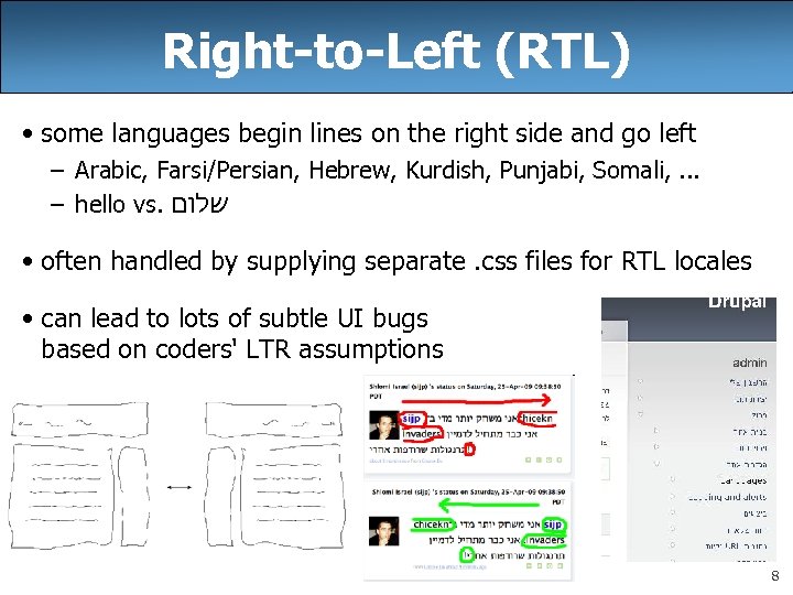 Right-to-Left (RTL) • some languages begin lines on the right side and go left