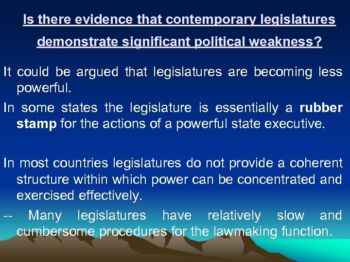Is there evidence that contemporary legislatures demonstrate significant political weakness? It could be argued