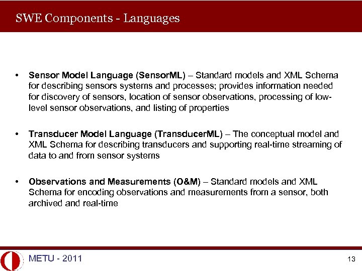 SWE Components - Languages • Sensor Model Language (Sensor. ML) – Standard models and