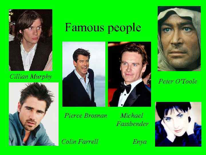 Famous people Cillian Murphy Peter O'Toole Pierce Brosnan Colin Farrell Michael Fassbender Enya 