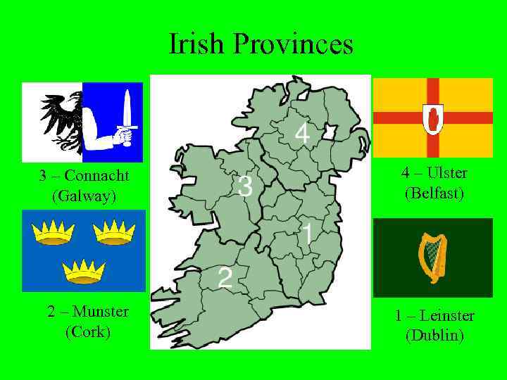 Irish Provinces 3 – Connacht (Galway) 4 – Ulster (Belfast) 2 – Munster (Cork)