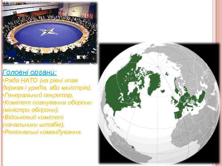 Головні органи: • Рада НАТО (на рівні глав держав і урядів, або міністрів), •