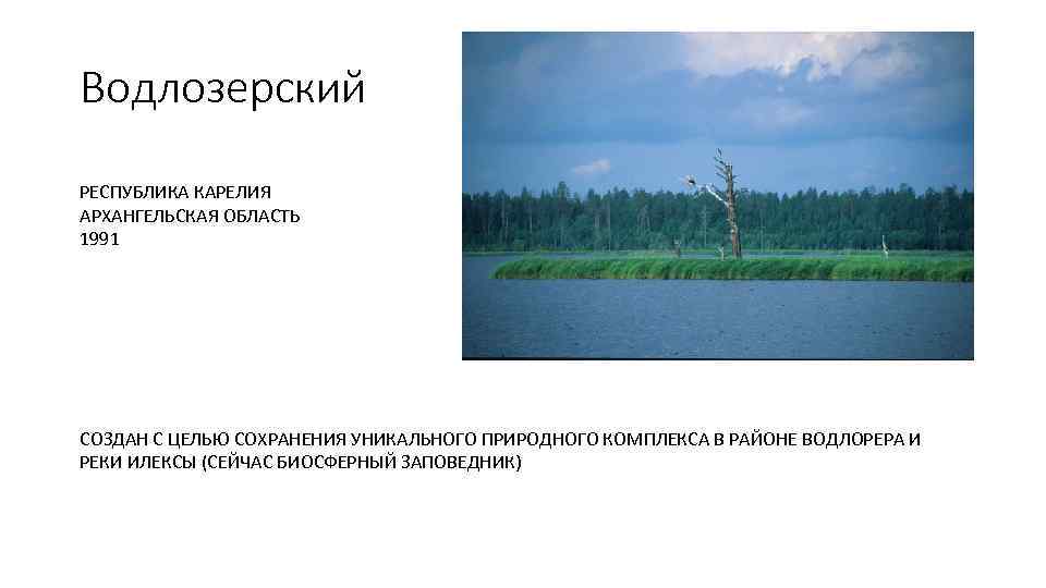 Водлозерский РЕСПУБЛИКА КАРЕЛИЯ АРХАНГЕЛЬСКАЯ ОБЛАСТЬ 1991 СОЗДАН С ЦЕЛЬЮ СОХРАНЕНИЯ УНИКАЛЬНОГО ПРИРОДНОГО КОМПЛЕКСА В