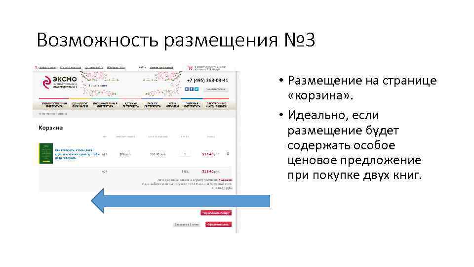 Возможность размещения № 3 • Размещение на странице «корзина» . • Идеально, если размещение