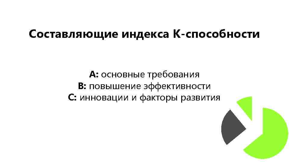 Составляющие индекса К-способности А: основные требования В: повышение эффективности С: инновации и факторы развития