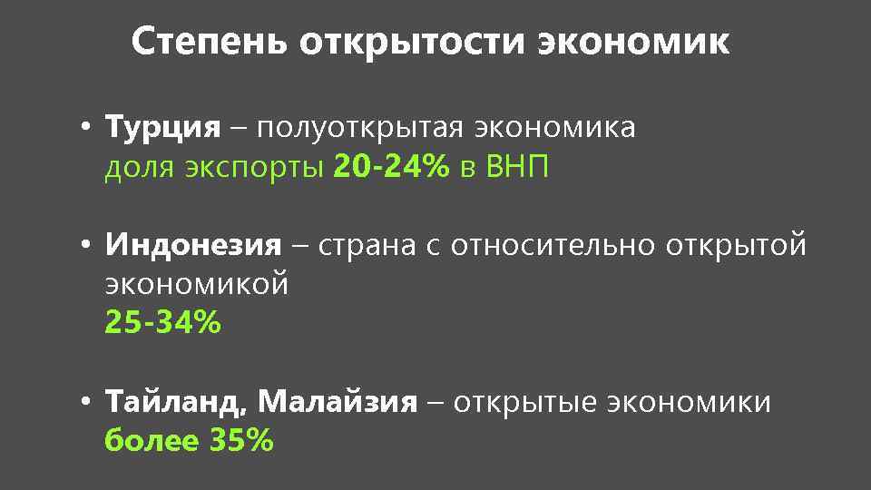 Степень открытости экономик • Турция – полуоткрытая экономика доля экспорты 20 -24% в ВНП