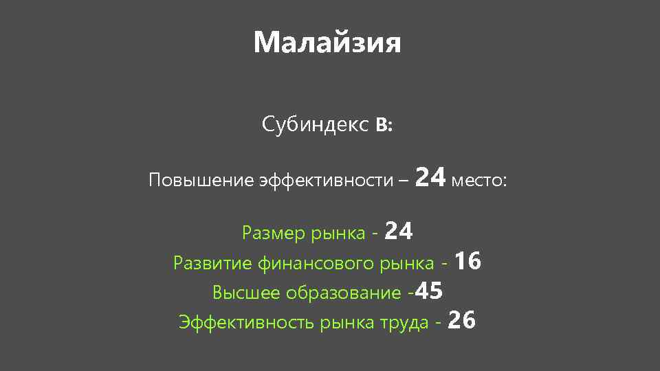 Малайзия Субиндекс В: Повышение эффективности – 24 место: Размер рынка - 24 Развитие финансового