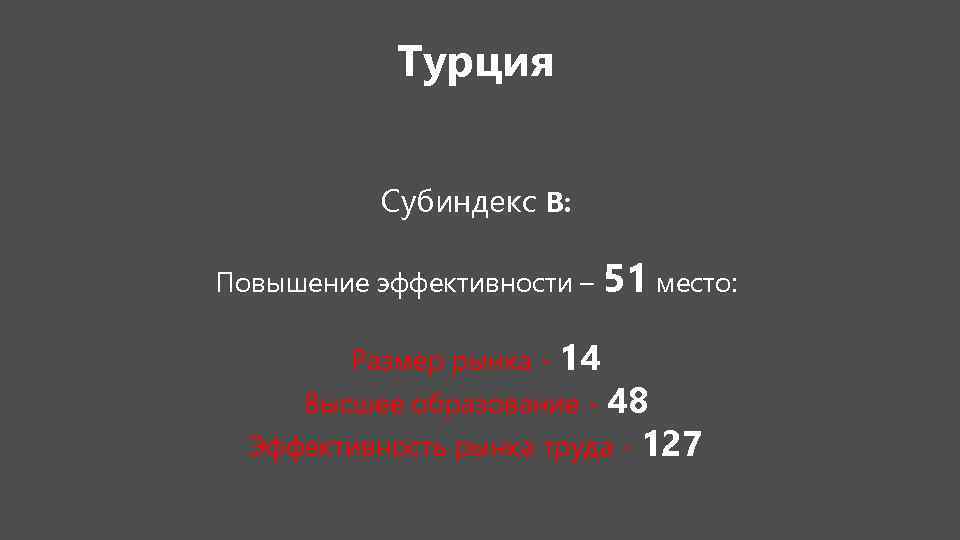 Турция Субиндекс В: Повышение эффективности – 51 место: Размер рынка - 14 Высшее образование