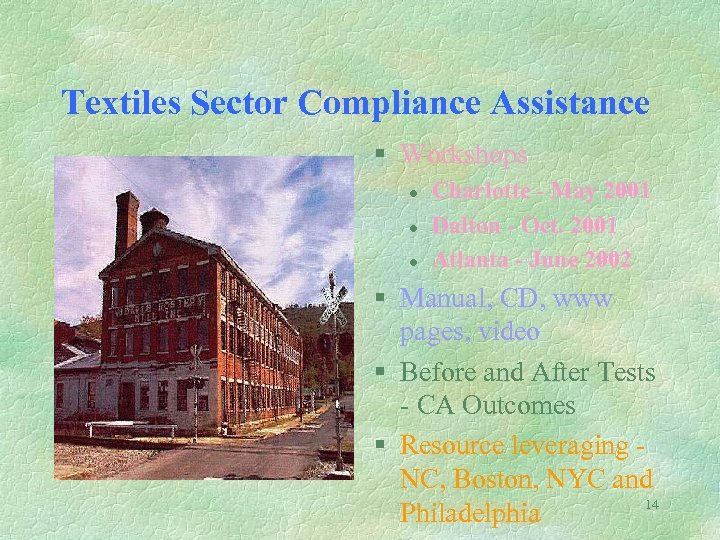 Textiles Sector Compliance Assistance § Workshops l l l Charlotte - May 2001 Dalton