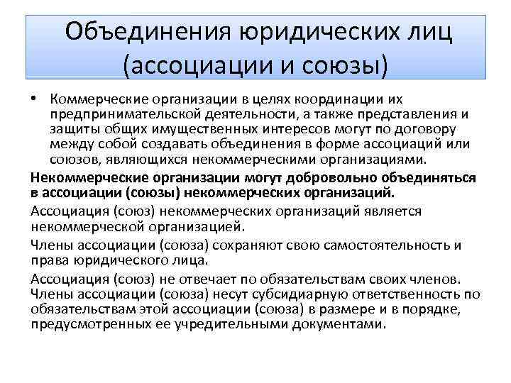 Ответственность объединений. Объединение юридических лиц. Ассоциации и Союзы коммерческих организаций. Объединения юридических лиц ассоциации и Союзы. Коммерческие организации могут создавать ассоциации и Союзы.