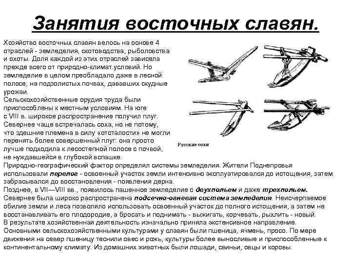 Занятия восточных славян. Хозяйство восточных славян велось на основе 4 отраслей - земледелия, скотоводства,