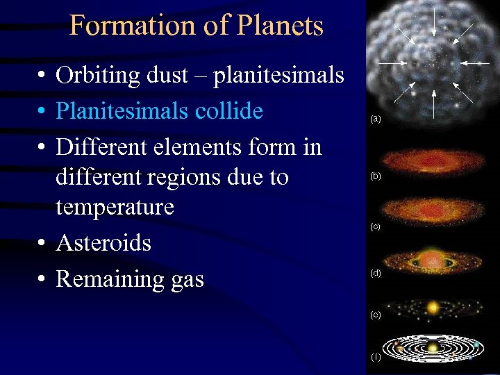 Formation of Planets • Orbiting dust – planitesimals • Planitesimals collide • Different elements