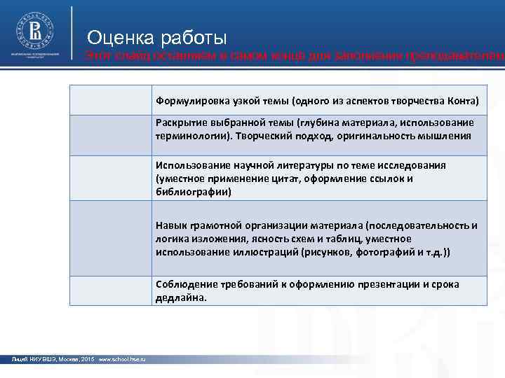 Оценка работы Этот слайд оставляем в самом конце для заполнения преподавателем Формулировка узкой темы