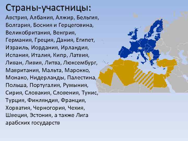 Страны-участницы: Австрия, Албания, Алжир, Бельгия, Болгария, Босния и Герцеговина, Великобритания, Венгрия, Германия, Греция, Дания,