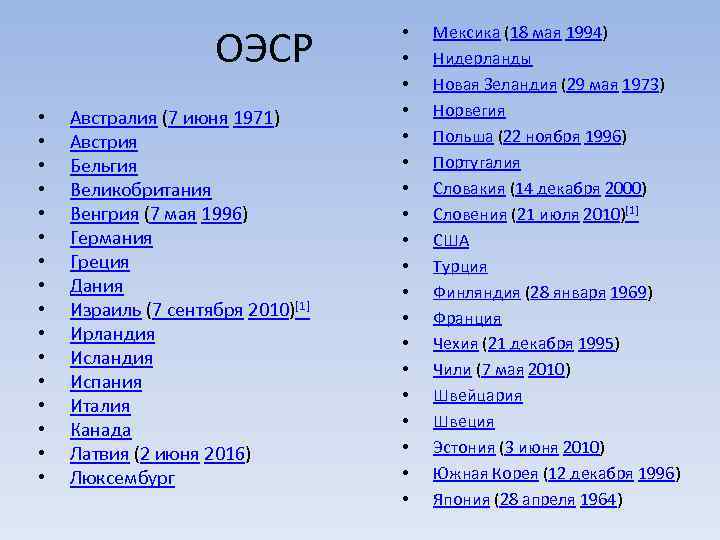 ОЭСР • • • • Австралия (7 июня 1971) Австрия Бельгия Великобритания Венгрия (7