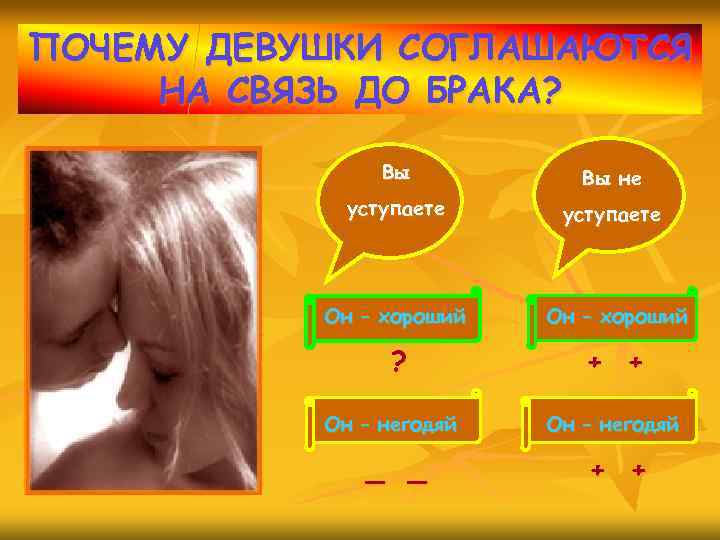 ПОЧЕМУ ДЕВУШКИ СОГЛАШАЮТСЯ НА СВЯЗЬ ДО БРАКА? Вы Вы не уступаете Он – хороший
