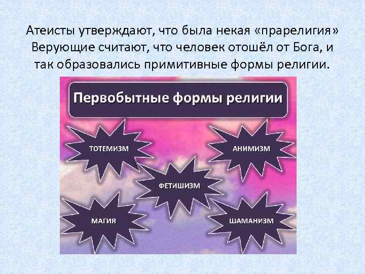 Атеисты утверждают, что была некая «прарелигия» Верующие считают, что человек отошёл от Бога, и