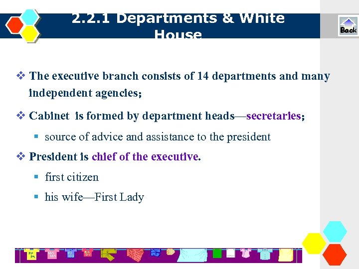 2. 2. 1 Departments & White House The executive branch consists of 14 departments