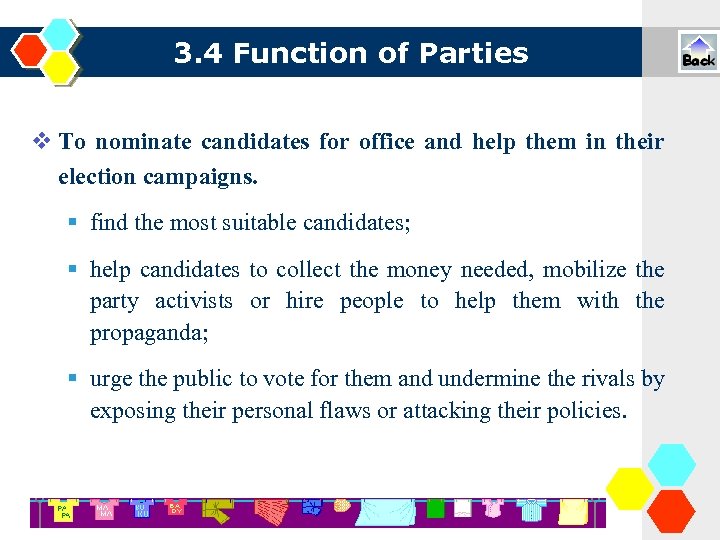 3. 4 Function of Parties To nominate candidates for office and help them in