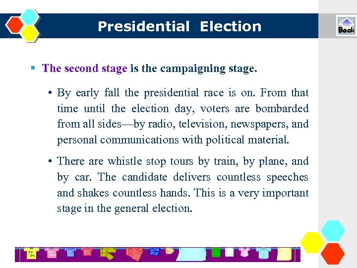 Presidential Election The second stage is the campaigning stage. • By early fall the