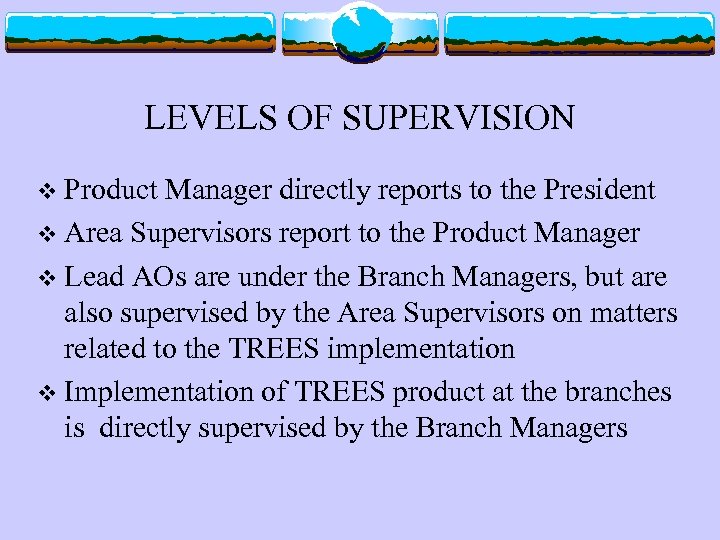 LEVELS OF SUPERVISION v Product Manager directly reports to the President v Area Supervisors