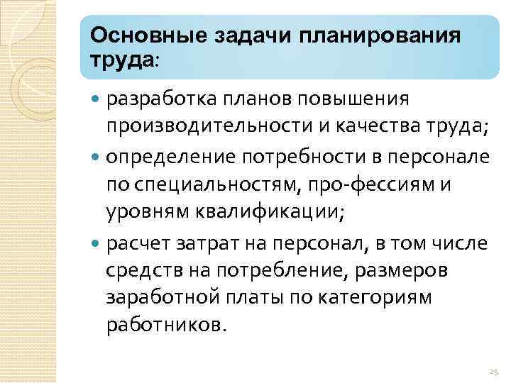 Основные задачи планирования труда: разработка планов повышения производительности и качества труда; определение потребности в