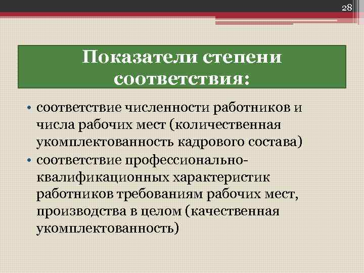 28 Показатели степени соответствия: • соответствие численности работников и числа рабочих мест (количественная укомплектованность