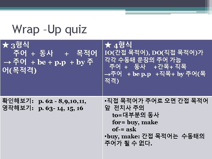 Wrap –Up quiz ★ 3형식 주어 + 동사 + 목적어 → 주어 + be
