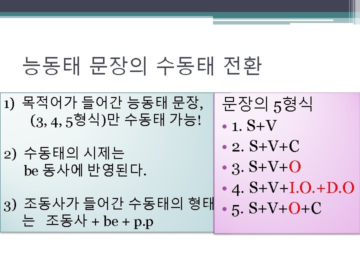 능동태 문장의 수동태 전환 문장의 5형식 • 1. S+V • 2. S+V+C 2) 수동태의