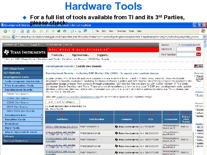 Hardware Tools For a full list of tools available from TI and its 3