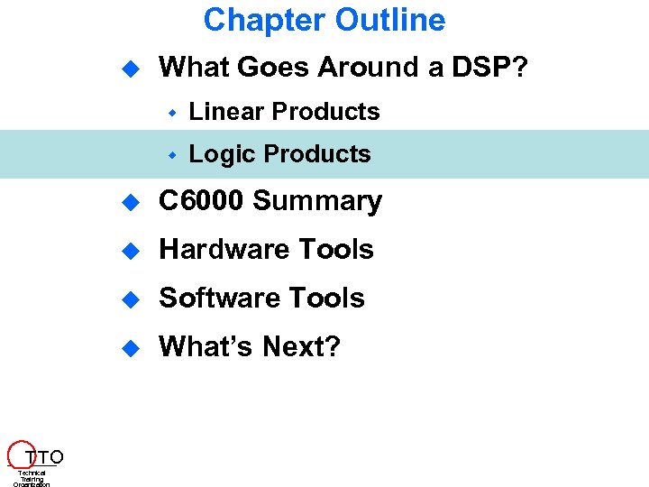 Chapter Outline What Goes Around a DSP? Linear Products Logic Products Software Tools T