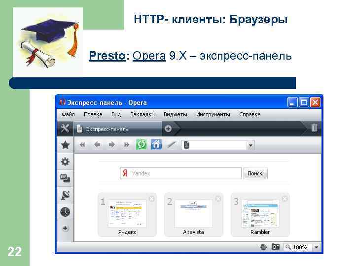 HTTP- клиенты: Браузеры Presto: Opera 9. Х – экспресс-панель 22 