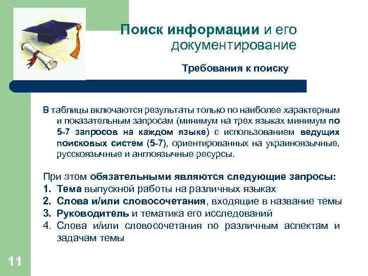 Поиск информации и его документирование Требования к поиску В таблицы включаются результаты только по